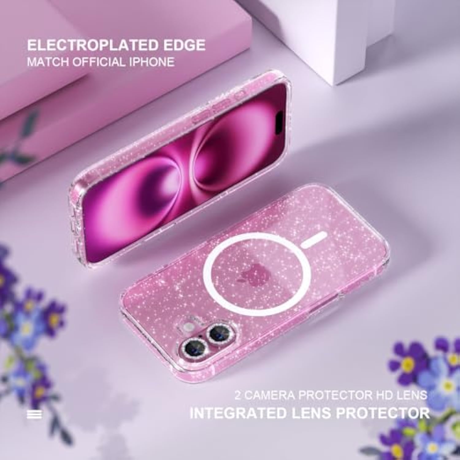 For Iphone 16 Case Magnetic, Women Clear Glitter Bling Sparkly Case, [2Xdiamond Camera Lens Protectors] [2Xtempered Glass Screen Protectors] [Compatible Magsafe] 6.1" (Glitter Clear)