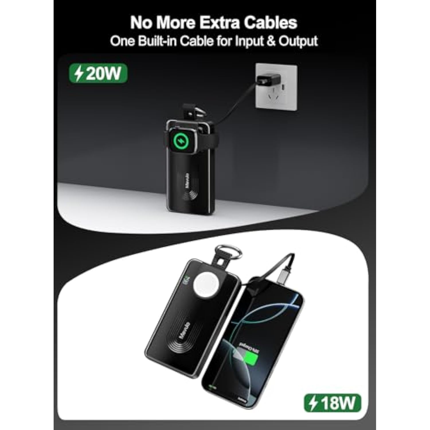 Retractable Portable Charger For Apple Watch And Iphone 10000Mah 20W Fast Charging Power Bank Built In Cable With Led Display, Travel Essentials Battery Pack For Iphone 16 15 Iwatch Charger