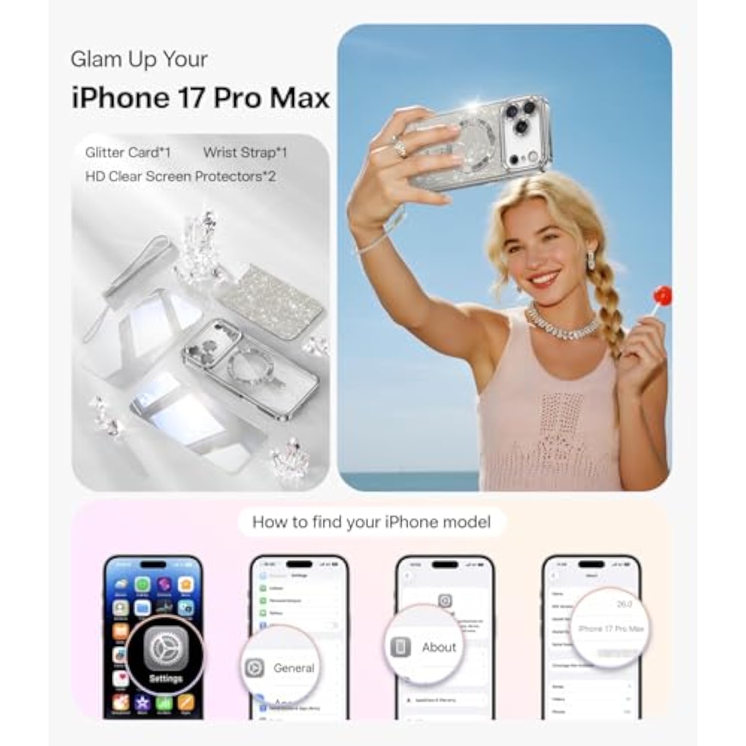 Designed For Iphone 17 Pro Max Case 6.9", [Glitter Card & Wrist Strap] [Compatible With Magsafe] [2X Hd Screen Protectors] Surround Raised Lens Protection For 17 Promax Case, Titanium Silver