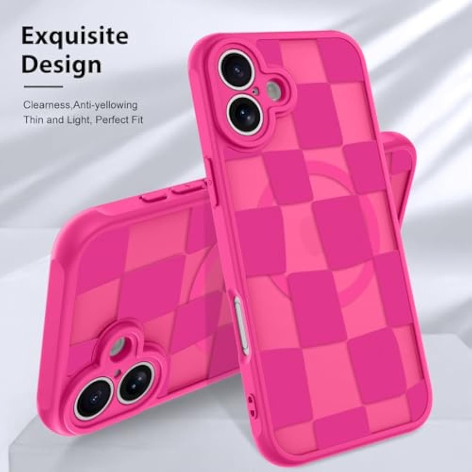 For Iphone 16 Plus Case Checkered Matte Aesthetic Cute Pattern Magnetic [Compatible With Magsafe] Slim Shockproof Full Body Protection For Girls Women -Hot Pink