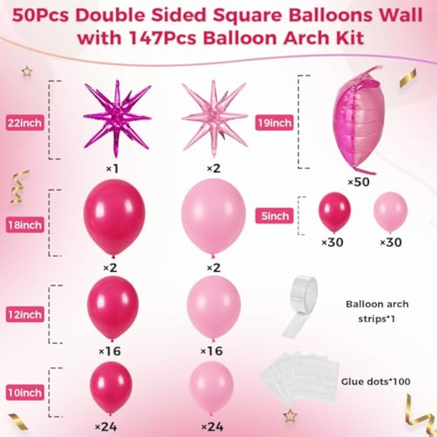 197pcs  Hot Pink Square Foil Balloons & Garland Kit for Party Decorations