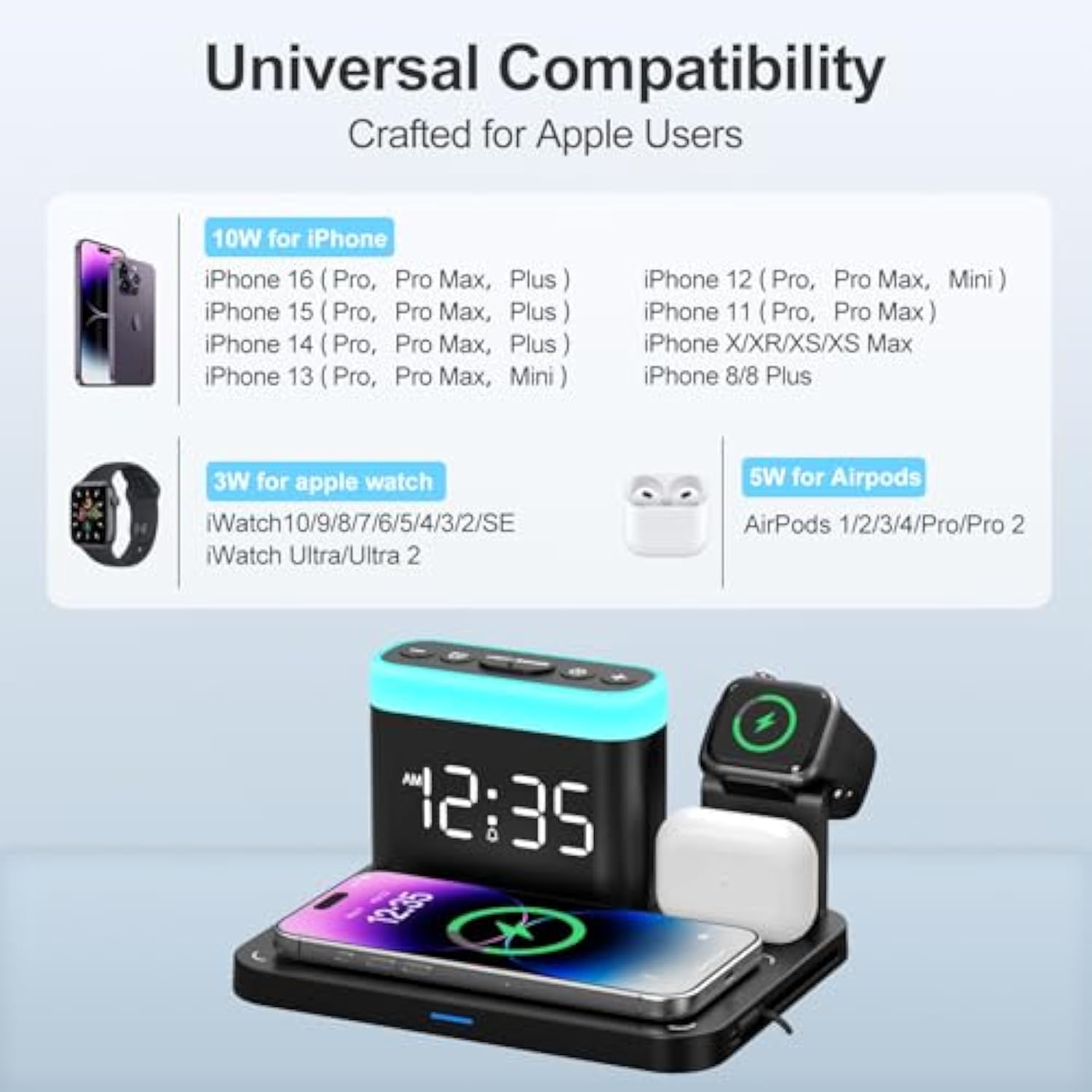 Wirelss Charging Staion,3 In 1 Multiple Charger Stand With Alarm Clock,7 Night Light,Mag-Safe Charging Dock For Iphone 16 15 14 13 12 11 Pro Max Plus,Apple Watch10/9/8/7/Ultra/Se,For Airpods