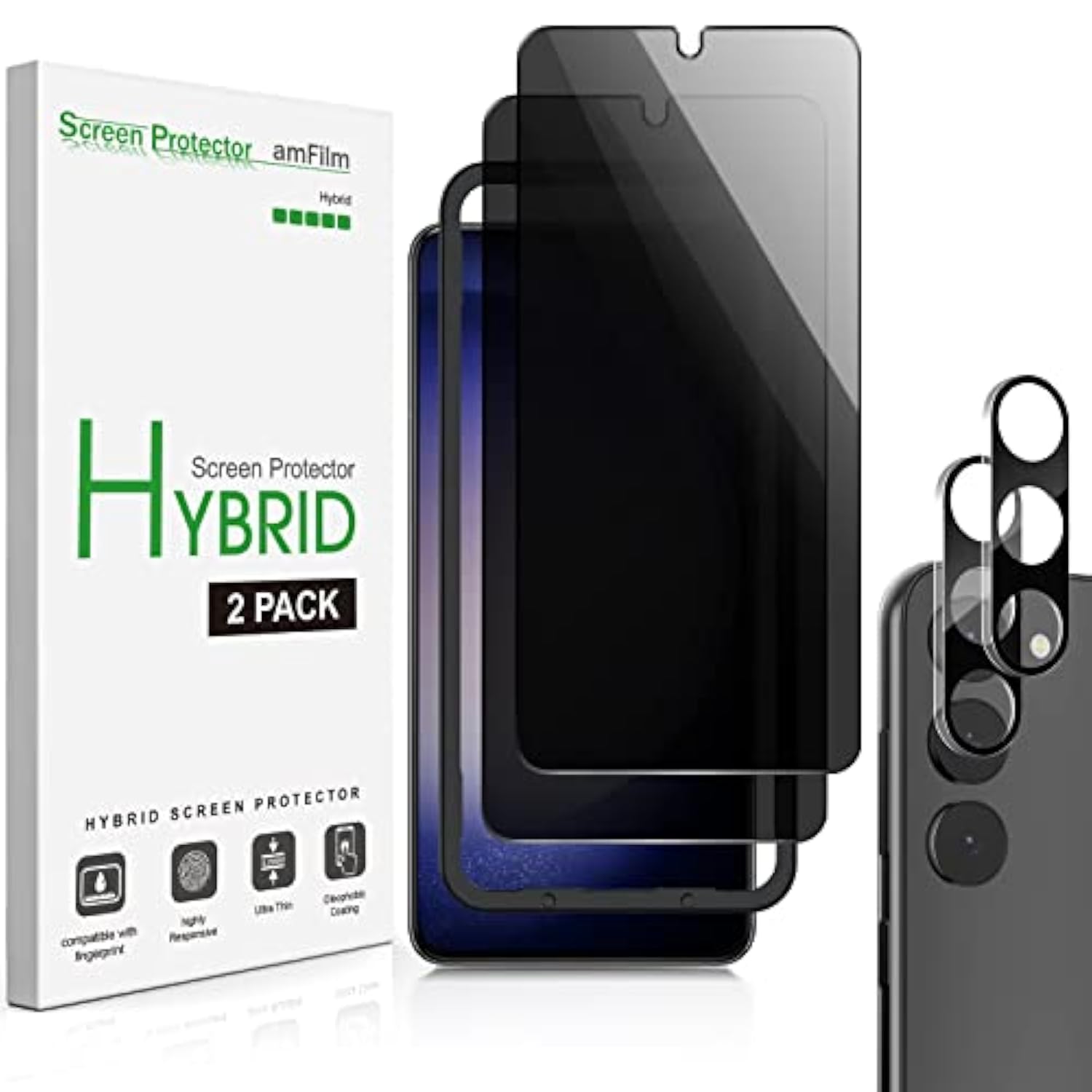 amFilm 2+2 Pack Samsung Galaxy S23 6.1'' Privacy Screen Protector with Camera Lens Protector, Anti Spy Hybrid Film, Fingerprint ID Compatible, Easy to Installation.