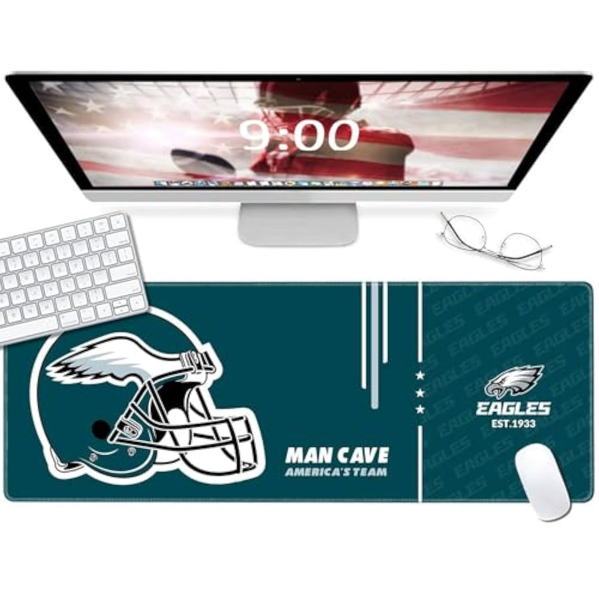 Large Gaming Mouse Pad, Extended Desk Mousepad With Stitched Edges, Football Computer Keyboard Pad,Dark Green Design For Sport Fans, 31.5 X 11.8 In