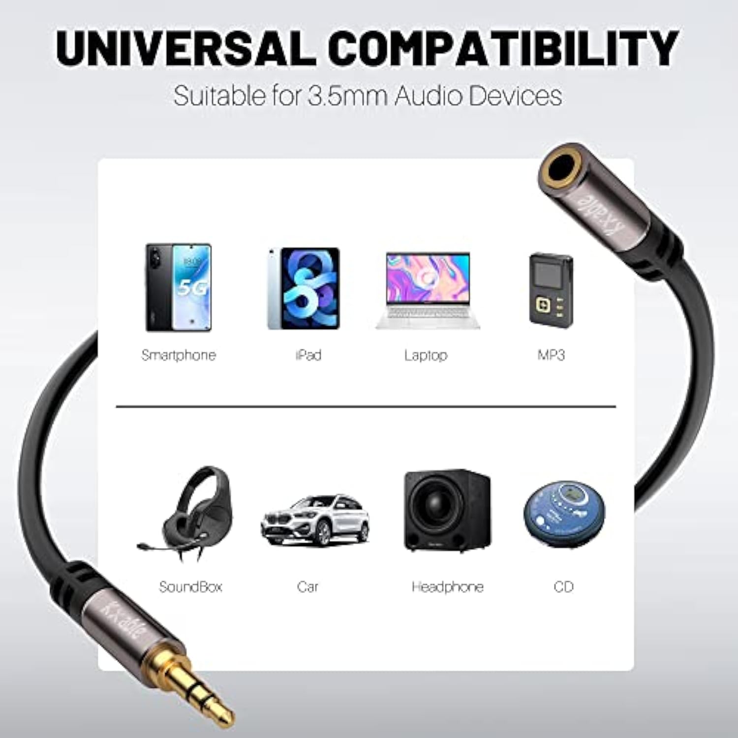 25Ft 3.5Mm Male To Female Auxiliary Audio Stereo Cable Extension - Gold Plated Connectors, Hi-Fi Sound, Black (With 5 Pcs Cable Ties)