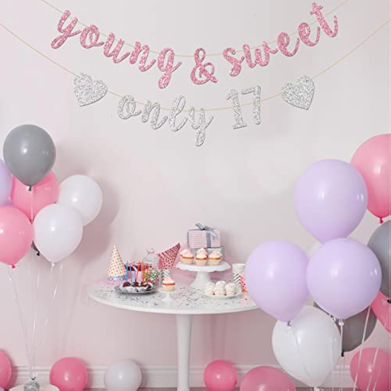 Young & Sweet Only 17 Banner - Happy 17Th Birthday Party Decor For Girls - Cheers To 17 Years Party Decorations Supplies, Pink & Silver Glitter