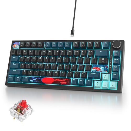 75% Mechanical Gaming Keyboard, Hot Swappable Rgb Backlit Custom With Knob, Gasket Mount Usb Wired, 82 Keys Black Blue Linear Red Switch (82 Black Blue)