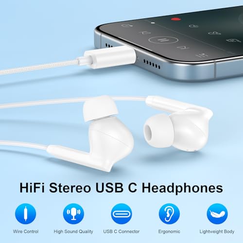 USB C iPhone 17 16 15 Headphones Wired for iPhone 17e 17 Pro Max 17Pro Air 16e 16 Pro Max 16Pro 16Plus 15 Plus, USBC in Ear Earbud Headphones Wired