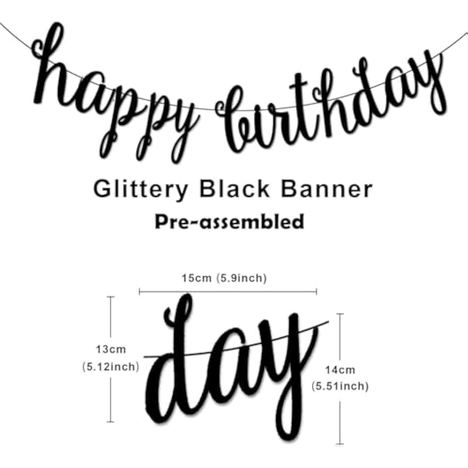 Black Glitter Happy Birthday Banner Kit: Pre-Strung Party Decorations