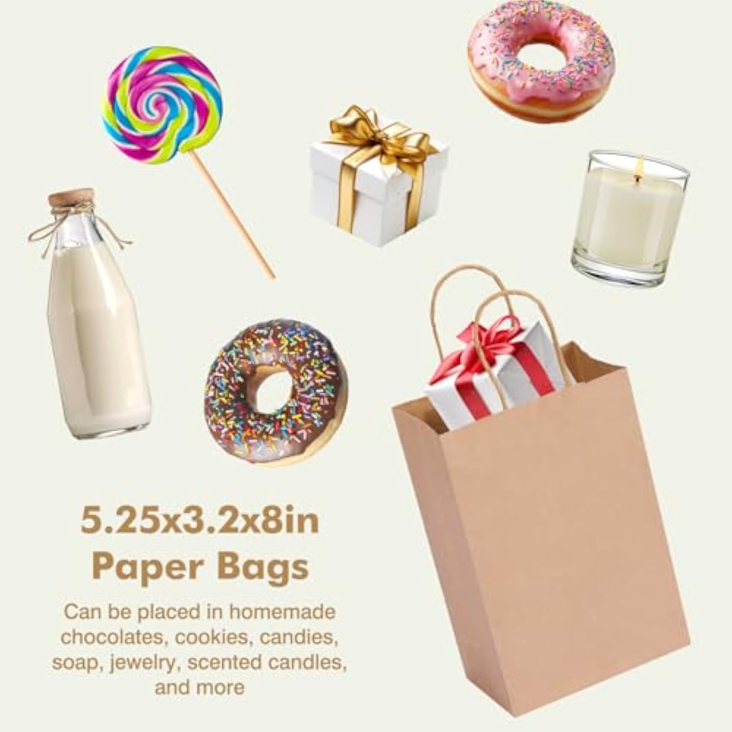 60Pcs Small Gift Bags, 5.25X3.2X8In Brown Paper Bags With Handles Bulk For Gift, Shopping, Birthday, Wedding, Business Party (Kraft)