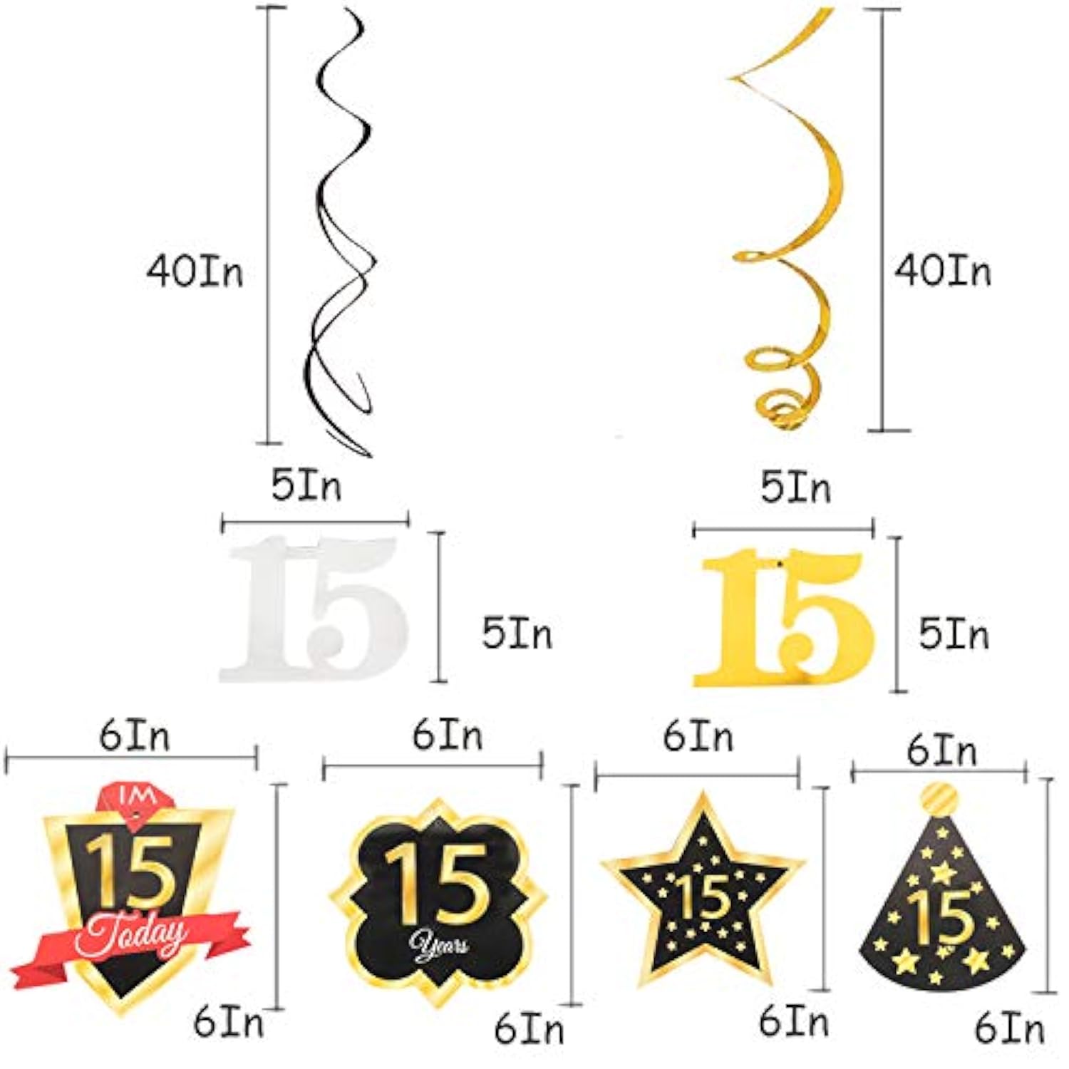Happy 15th Birthday Decorations 12pcs Black Gold Foil Swirls Streamers
