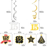 Happy 15th Birthday Decorations 12pcs Black Gold Foil Swirls Streamers