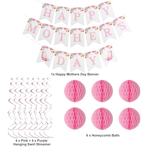Happy Mother's Day Decorations, Happy Mothers Day Banner with Hanging Swirls, Honeycomb Balls Decorations for Party Supplies Decor Home Office, Pink