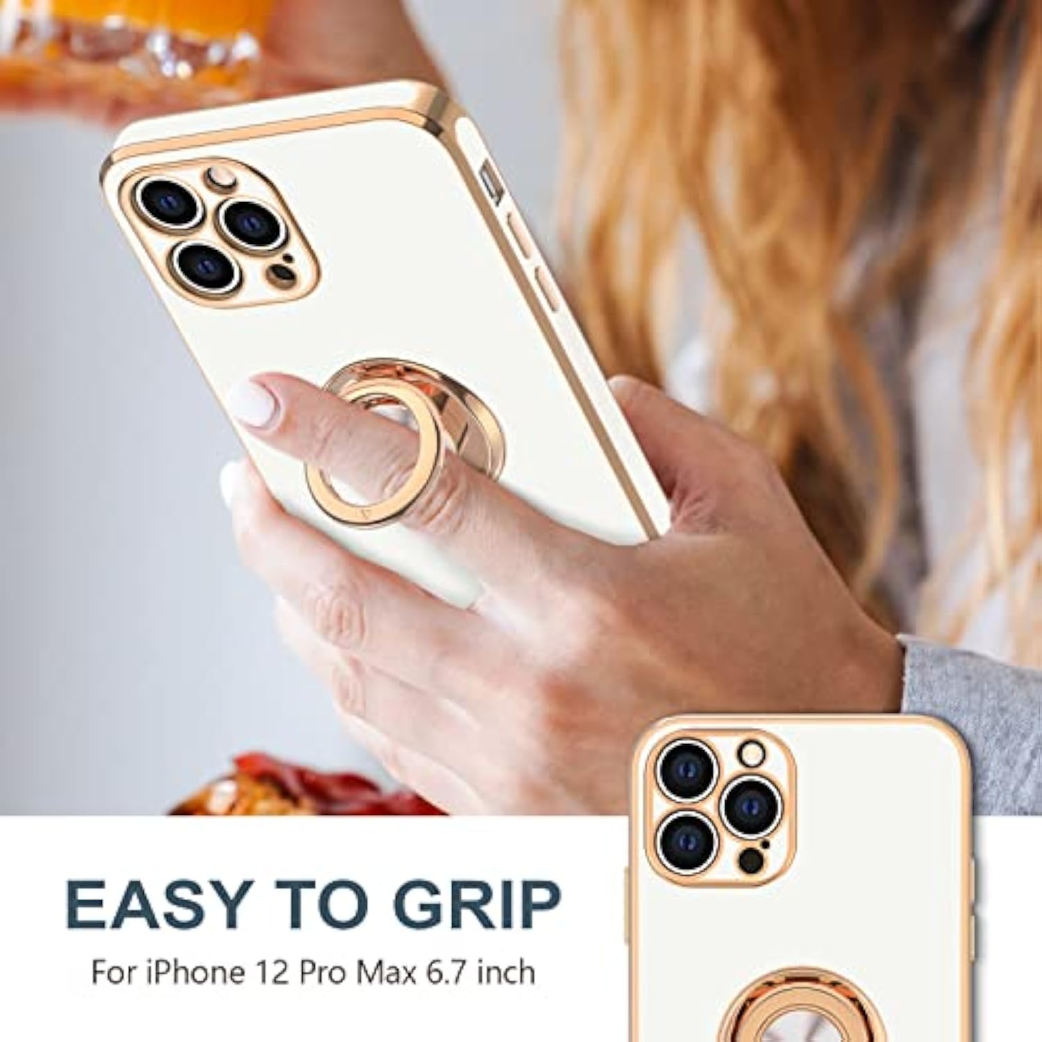Case For Iphone 12 Pro Max Case With Ring Stand [360° Rotatable Ring Holder Magnetic Kickstand] [Soft Microfiber Lining] Plating Rose Gold Edge Shockproof Protective Phone Cases Cover, White