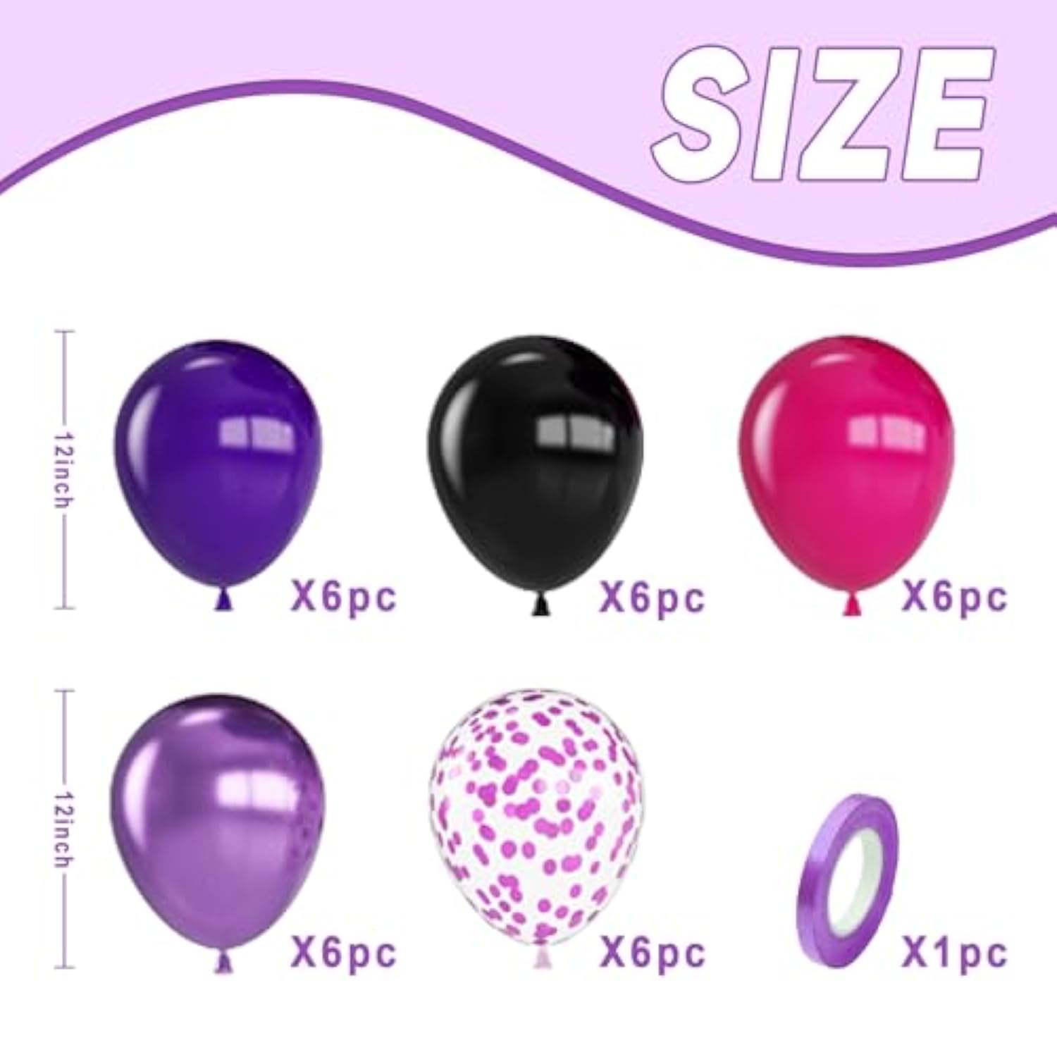 Black Purple Balloons, 12 Inch Hot Pink Black Party Balloons, Metallic Purple Black Hot Pink Matte Purple Latex Balloon With Confetti Balloon For Kids Girls Birthday Baby Shower Party Decorations
