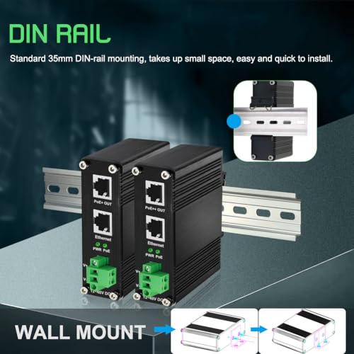 Industrial 60W Poe Injector, Hardened Gigabit Poe+ Injector Ieee802.3At 60W 48V Poe Adapter Power Over Ethernet With 12-48V Dc Input Din Rail Mount