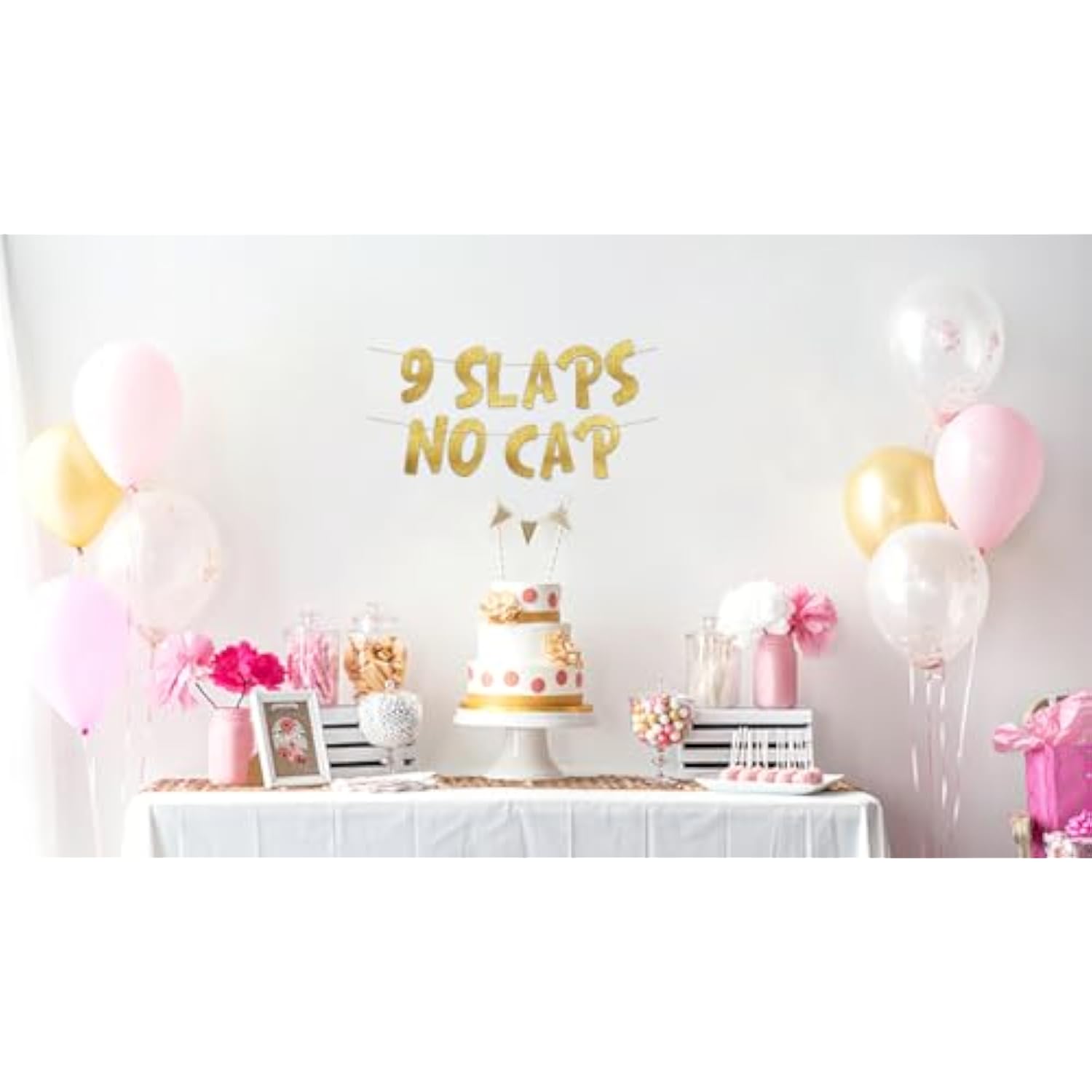 Pre-Strung 9 Slaps No Cap Gold Glitter Banner - Funny 9Th Birthday Decorations For Boys And Girls - Birthday Party Supplies And Gifts