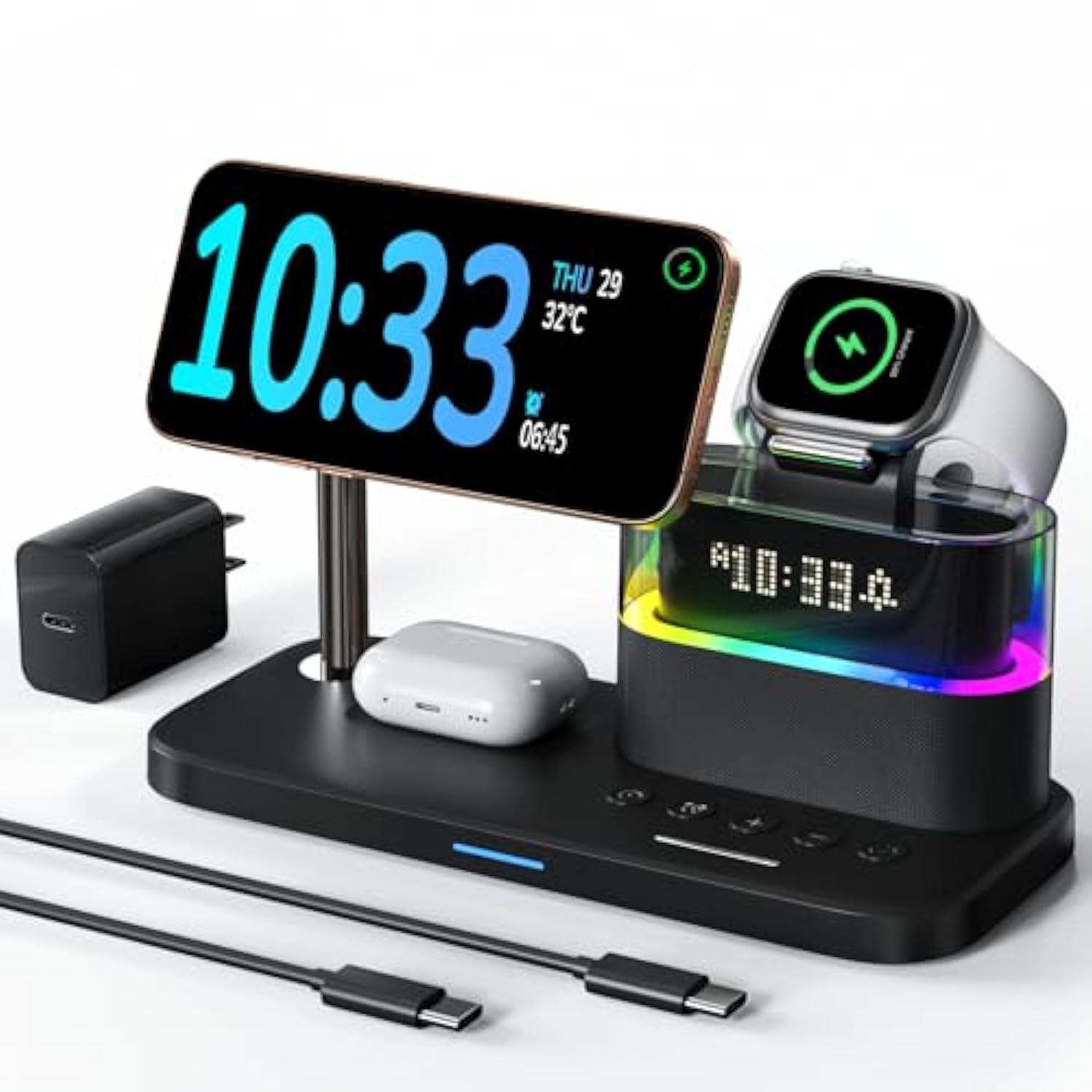 5 In 1 Wireless Charger With Alarm Clock For Apple Multiple Devices,Bedside Night Light Nightstand Mag-Safe Charging Station For Iphone 16/15/14/13/12,Apple Watch,Air-Pods(Black)