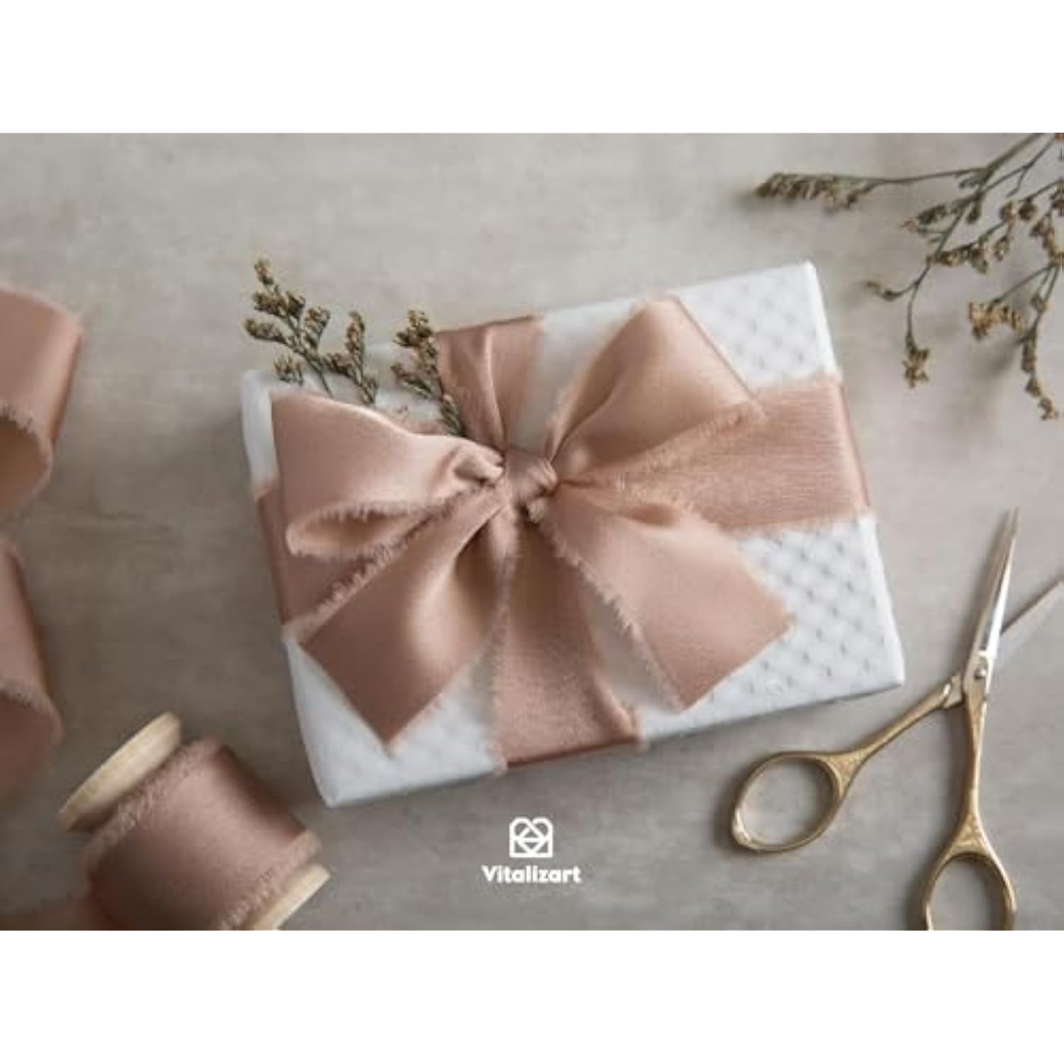 Silk Satin Ribbon 1 Inch X 15 Yard Wooden Spool Champagne Handmade Frayed Ribbon For Gift Wrapping Baby Shower Wedding Bridal Bouquets Holiday Decor 3 Rolls X 5 Yard