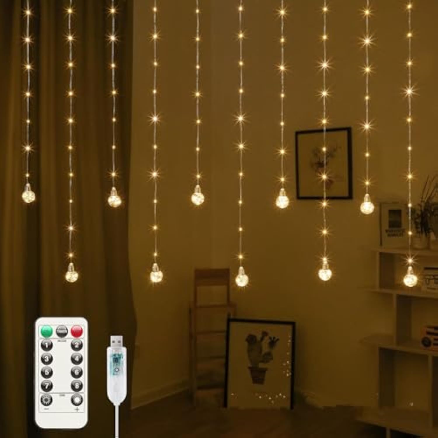 200 Led Curtain Fairy Lights - 9.8 Ft Wishing Ball Window Hanging Lights With Remote, Usb Powered Waterproof For Christm