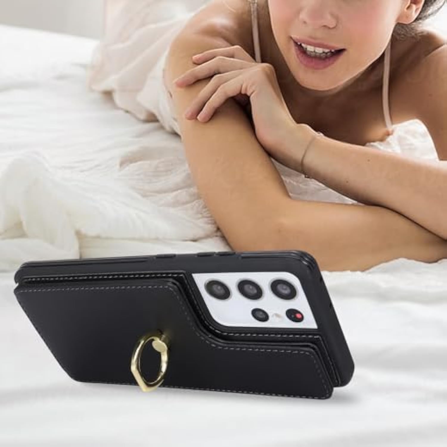 For Samsung Galaxy S21 Ultra Case With Card Holder And Strap For Women,Crossbody Lanyard,Ring Stand,Snap Clasp,Phone Wallet Cases 6.8 Inch(Black)