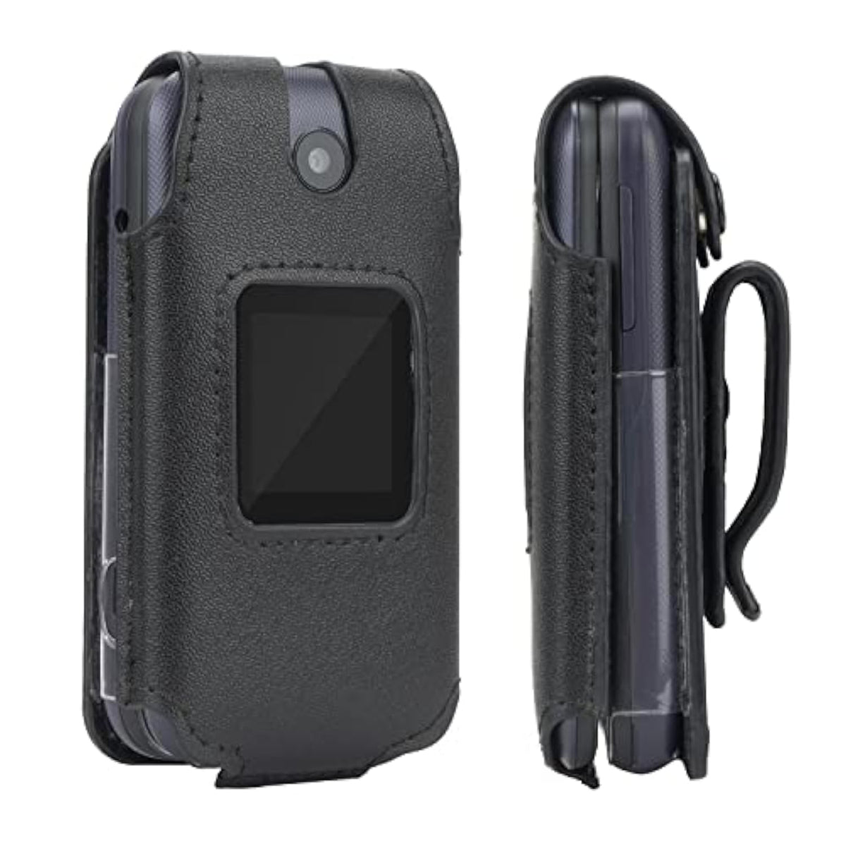 Leather Fitted Case For Alcatel Go Flip 4 / Tcl Flip Pro Phone - Secure Form Fit Cover With Built-In Screen Protection & Rotating Metal Belt Clip (Black)