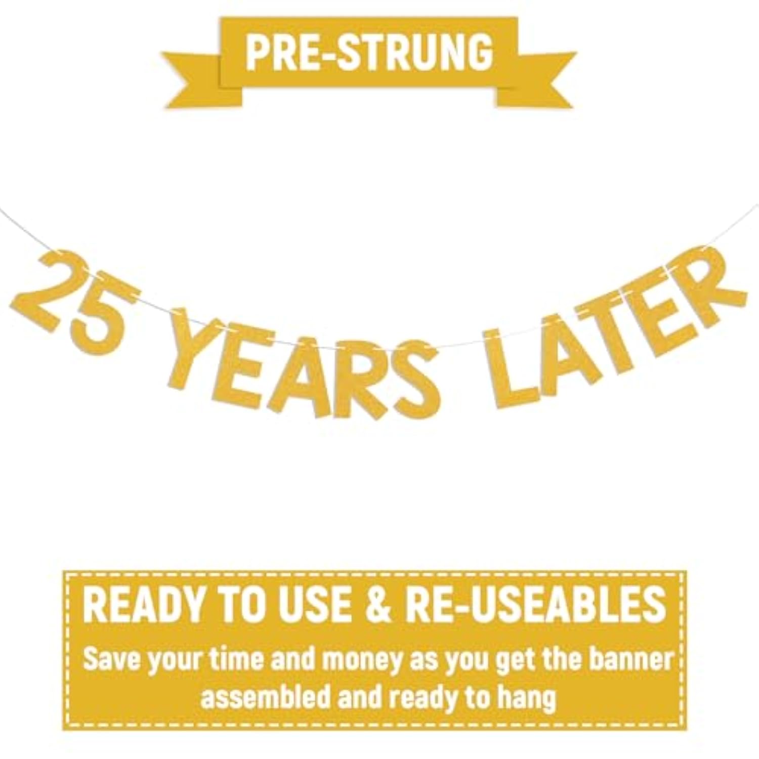 25 Years Later Banner - Yellow Sponge Themed Cartoon Pre-Strung Birthday Banner, Happy 25Th Birthday Anniversary Party Decorations Gold Glitter