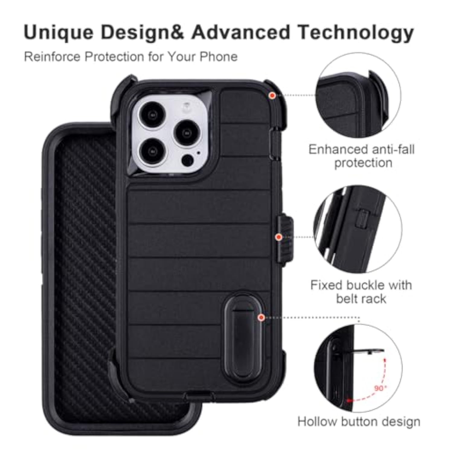 Heavy Duty Kickstand Phone Case for iPhone 14 Pro Max Black Belt Clip