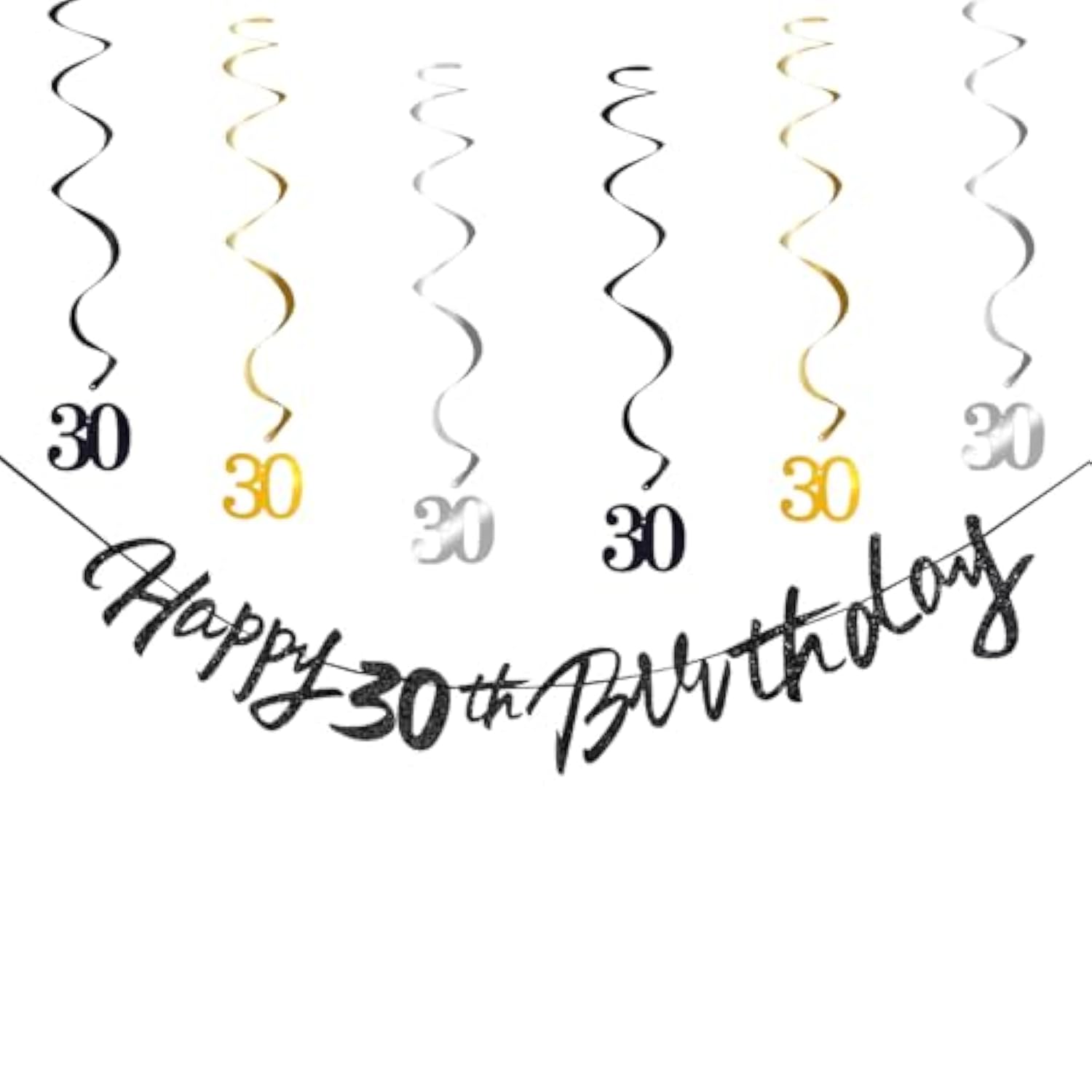 30Th Birthday Decorations For Boys Swirls Streamers Set, Hanging Vortex Happy 30Th Birthday Banner For Girls, Black And Gold 30 Birthday Decor Party Bunting