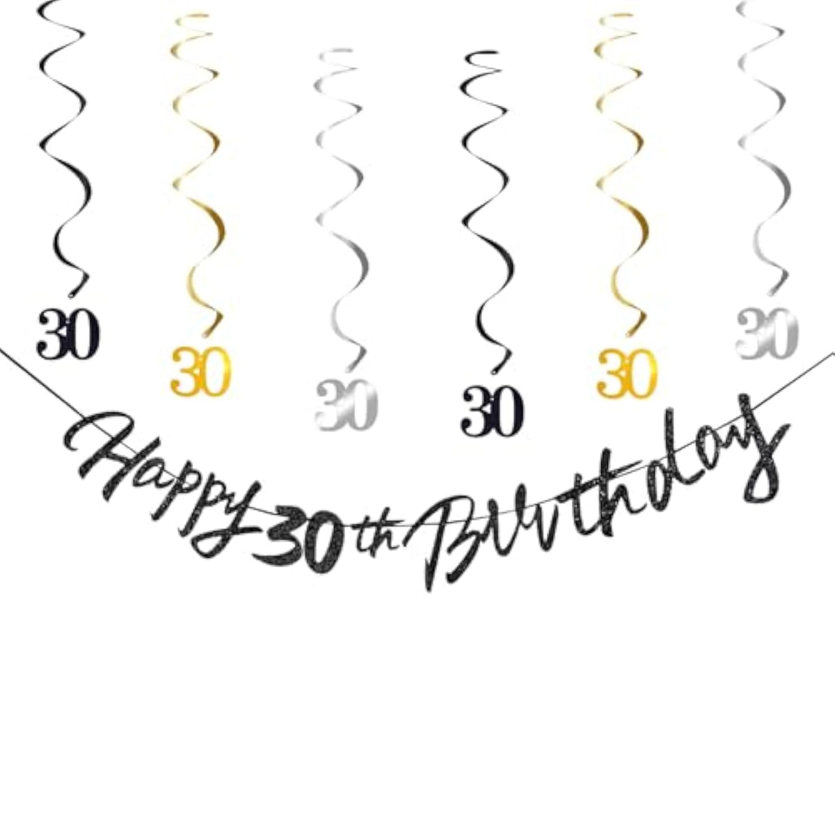 30Th Birthday Decorations For Boys Swirls Streamers Set, Hanging Vortex Happy 30Th Birthday Banner For Girls, Black And Gold 30 Birthday Decor Party Bunting