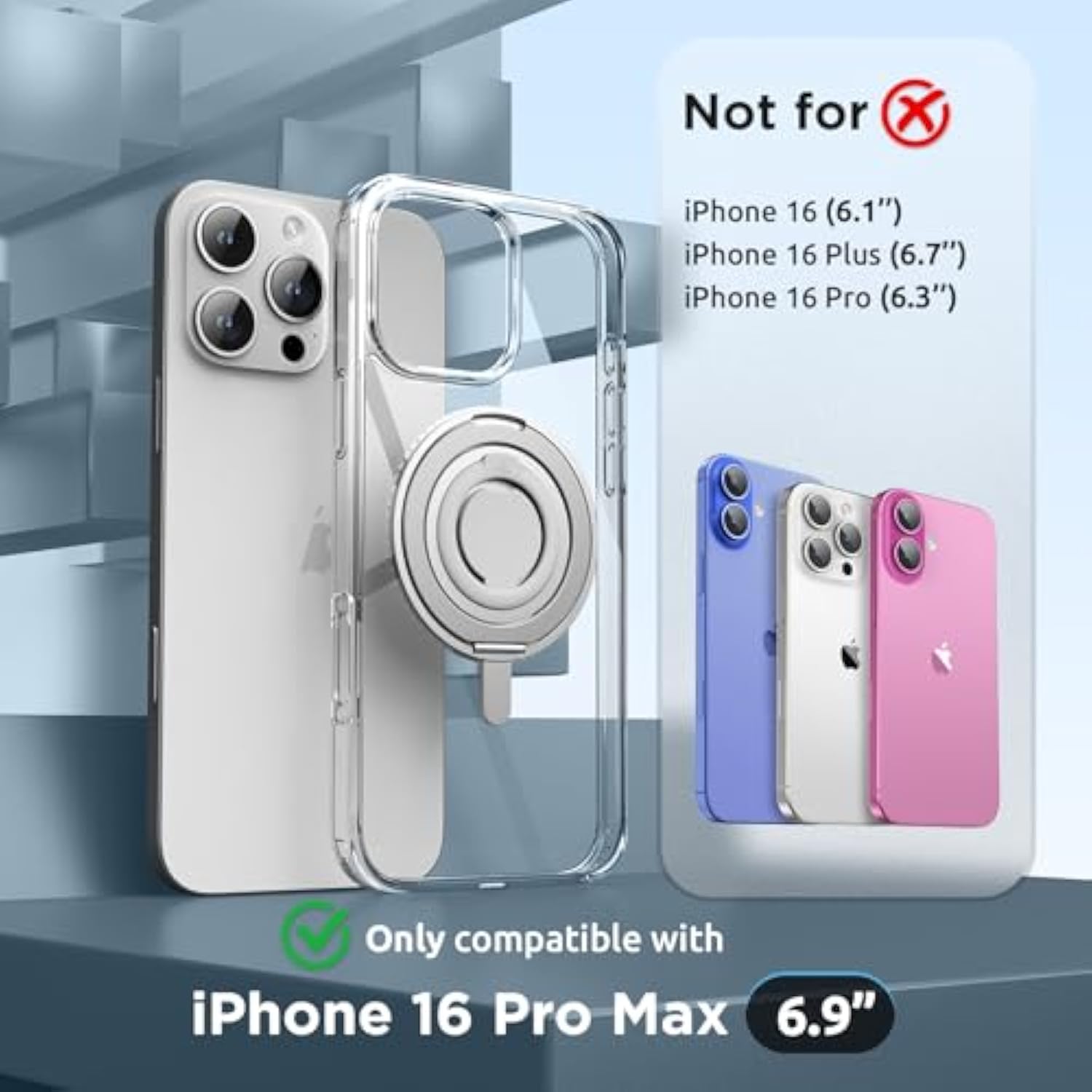 360° Magnetic Stand For Iphone 16 Pro Max Case With Finger Ring, Compatible With Magsafe, Ring Stand And Finger Ring Phone Case For 16 Pro Max 6.9 Inch 2024, Clear