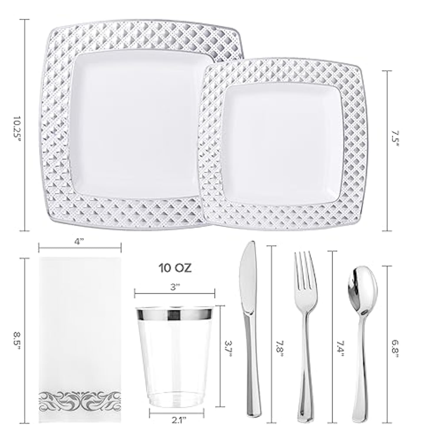 175PCS Silver Square Dinnerware Set – Plates, Cups, Napkins, Cutlery for 25