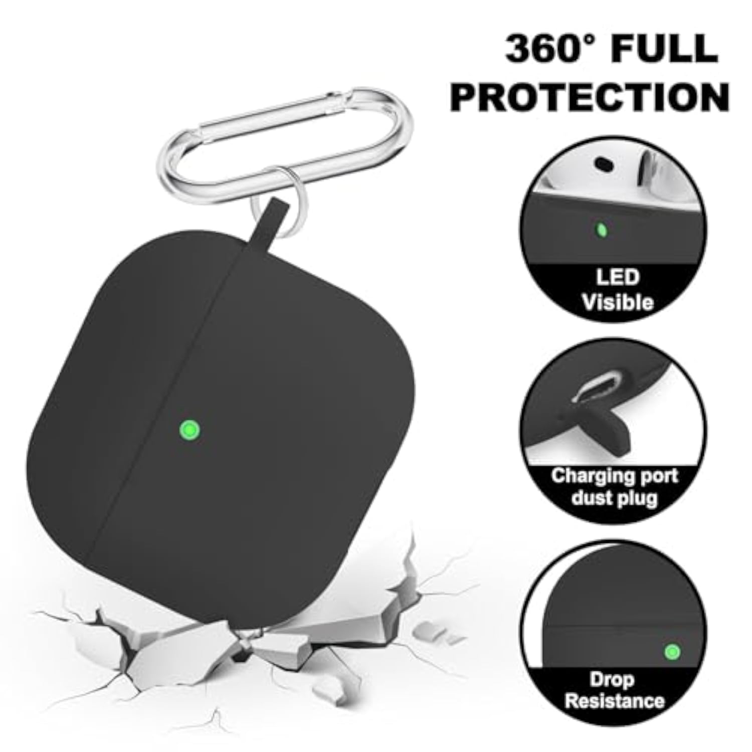 Protective Case for 4th Gen AirPods, Black - Durable Earbuds Case with Keychain