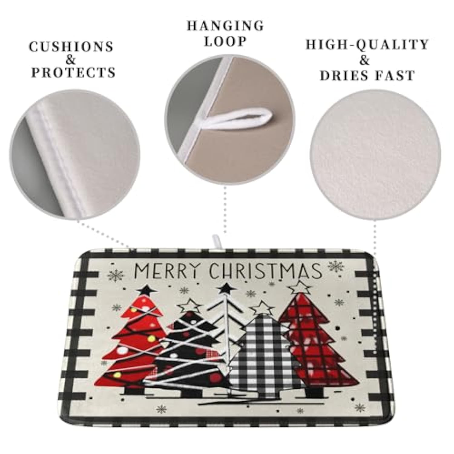 Christmas Trees Kitchen Dish Drying Mat 18X24 Inch Merry Christmas Black White Buffalo Plaid Dish Drainer Mat Absorbent Reversible Microfibe Drying Dish Pad For Winter Kitchen Counter Decor