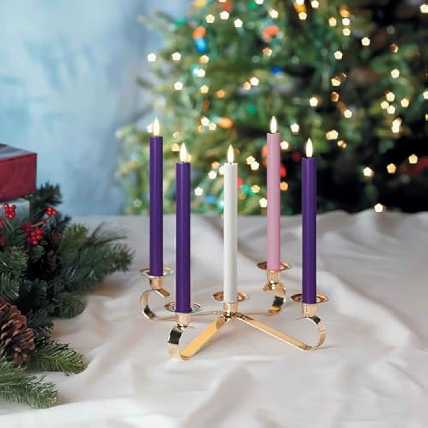 Flameless Advent Candles, Set Of 5 - Flickering Led Flame, 10 Inch Taper Candlesticks, Remote Controlled - 3 Purple, 1 Pink, 1 White For Christmas Wreath
