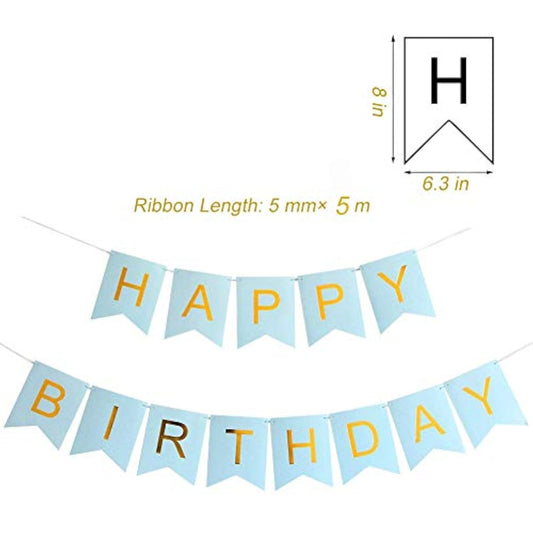 Light Blue Happy Birthday Banner With 5 Pcs Gold Confetti Balloons