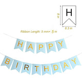 Light Blue Happy Birthday Banner With 5 Pcs Gold Confetti Balloons