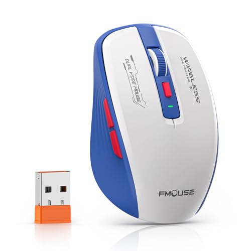 Wireless Mouse (Bluetooth & 2.4Ghz Usb) With Forward/Backward Side Keys, Silent Click, Ergonomic Portable Aa Battery Mice For Laptop/Mac/Ipad - Office & Travel Use, White & Blue