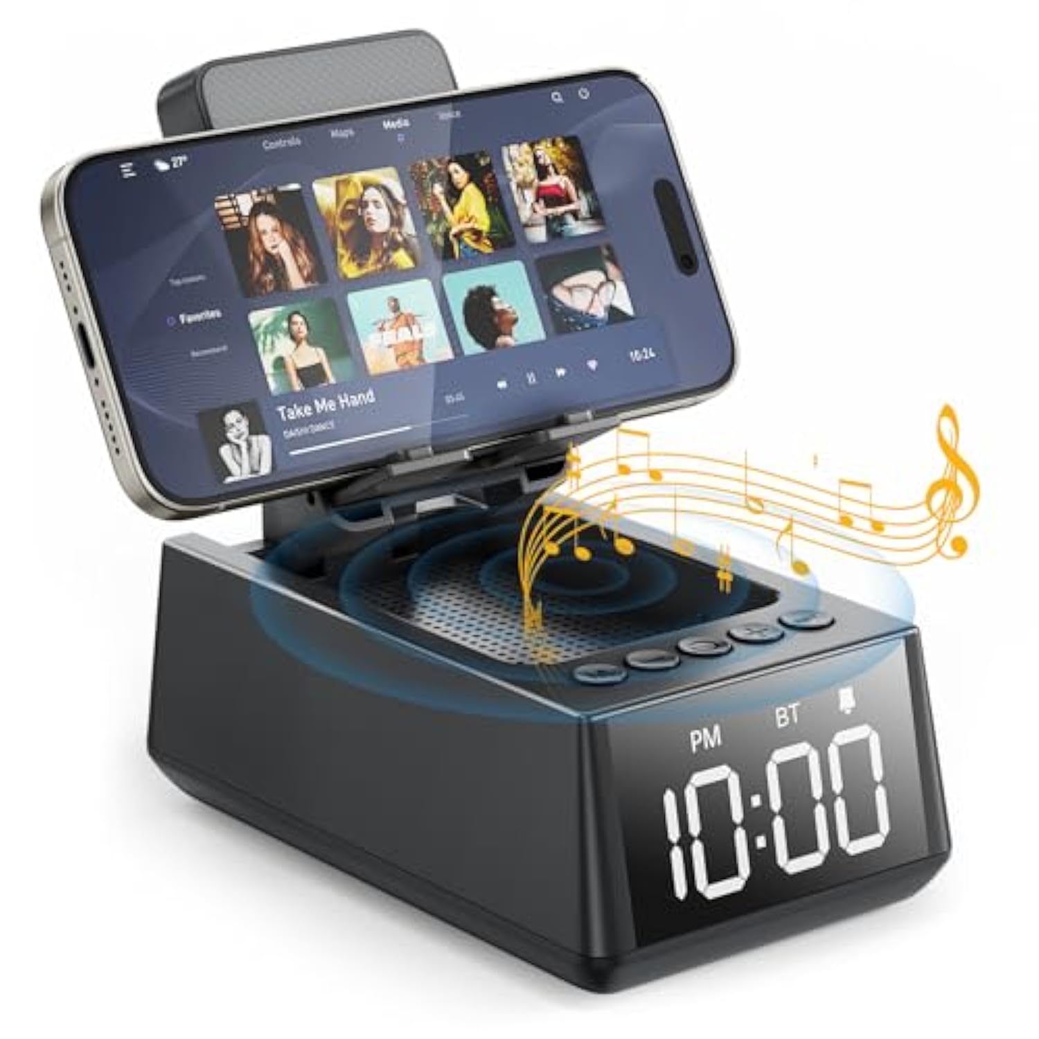 Presents For Men/Women, Cell Phone Stand With Wireless Bluetooth Speaker, 12H Time Display Unique Presents For Him, Husband, Boyfriend, Dad, Her, Wife, Mom, Cool Multi Functional Gadget (Crow Black)