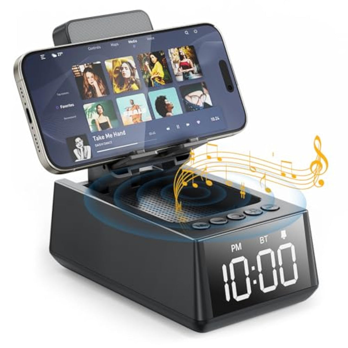 Presents For Men/Women, Cell Phone Stand With Wireless Bluetooth Speaker, 12H Time Display Unique Presents For Him, Husband, Boyfriend, Dad, Her, Wife, Mom, Cool Multi Functional Gadget (Crow Black)