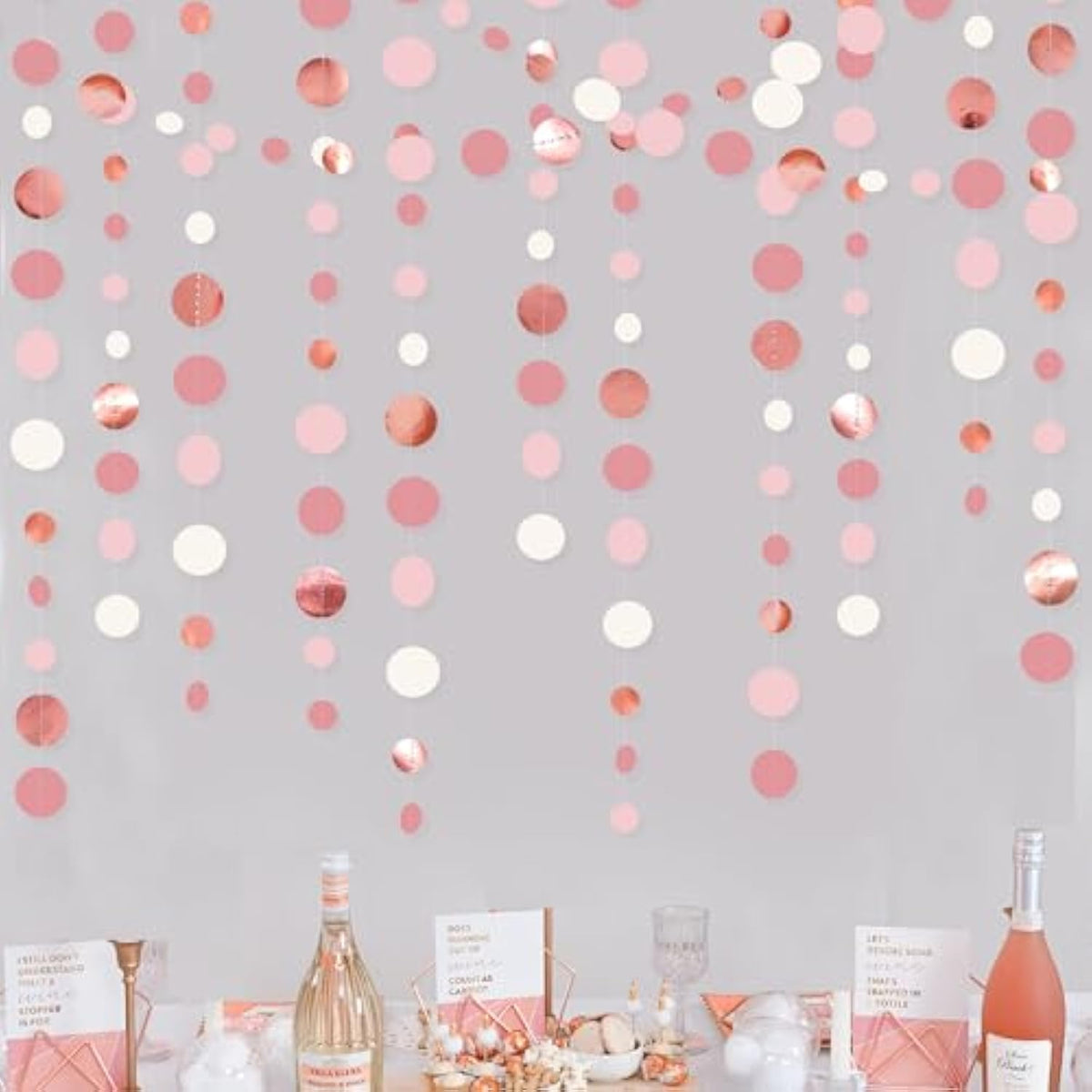 Rose Gold Party Decorations Dusty Pink Circle Dots Garland Blush Pink Hanging Paper Polka Dot Streamer For Birthday Wedding Bridal Shower Bachelorette Engagement Baby Shower Anniversary Party Supplies