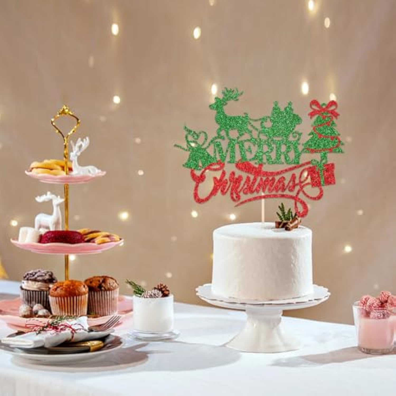 Merry Christmas Cake Topper Red Green Holiday Party Decoration