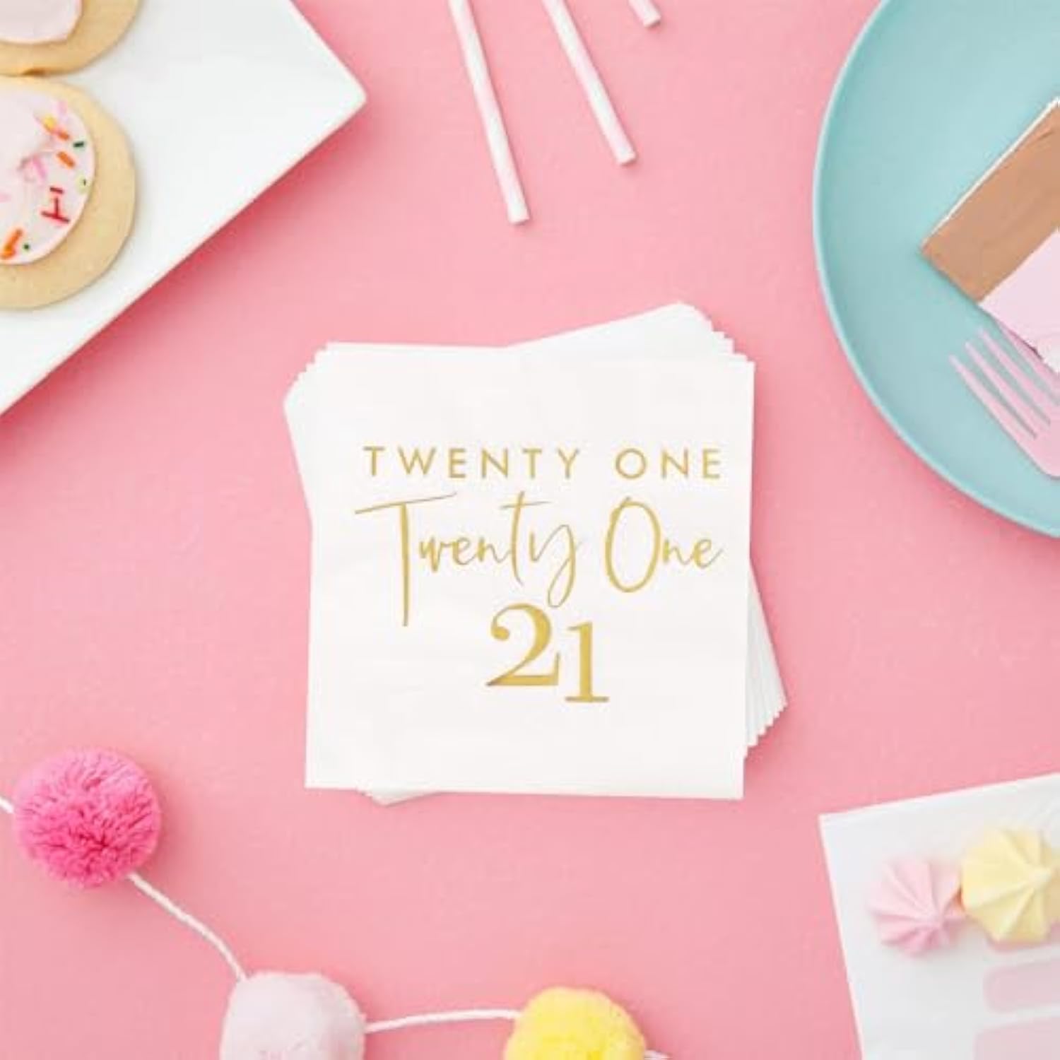 40 Pcs White Gold 21st Birthday Cocktail Napkins 10x10 Inch Disposable Supplies