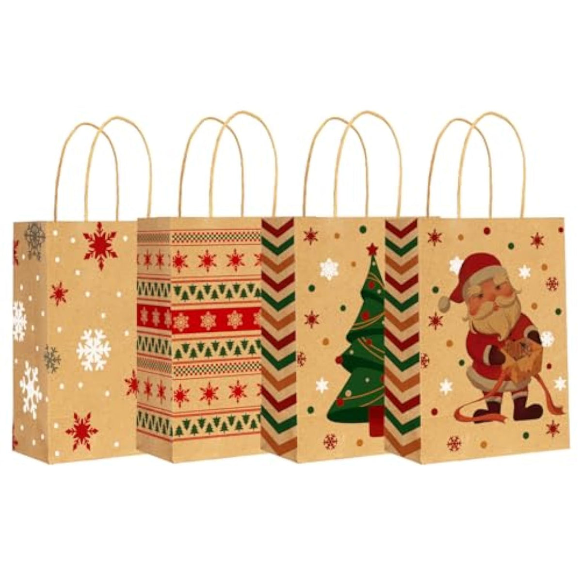 24 Pcs Small Christmas Gift Bags With Handles, 4 Designs Xmas Kraft Paper Bags For Christmas Goody Bag, Party Favors (5.8 X 3.2 X 8.25)
