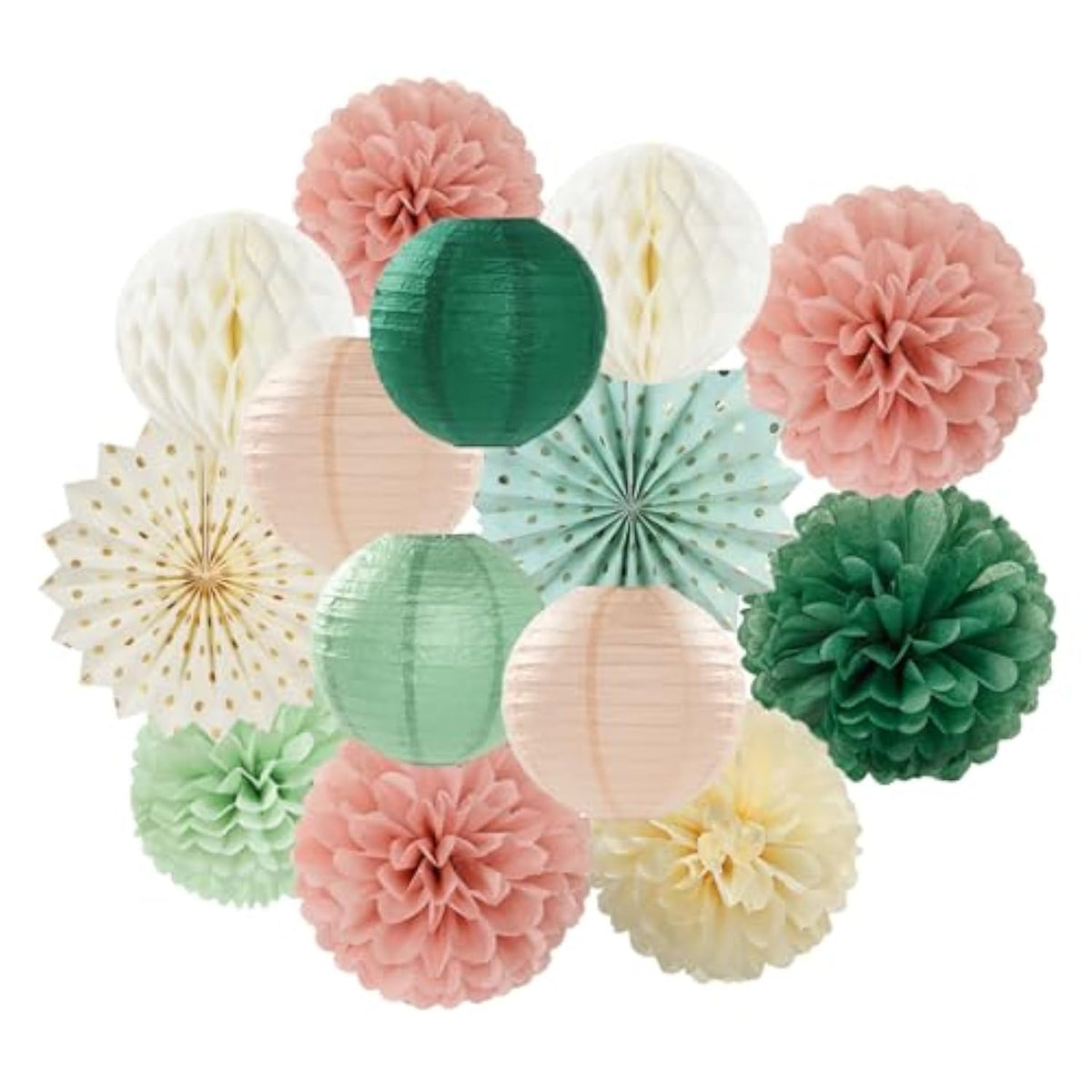 Sage-Green Pink-Beige Boho Party-Decorations Streamers - 14Pcs Rustic Neutral Wedding Olive Paper Honeycomb Lanterns Fan,Birthday Baby Bridal Shower Engagement Decor
