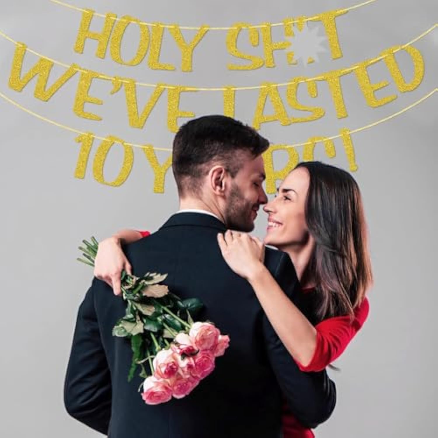 Holy We'Ve Lasted 10 Years Banner, 10Th Wedding Anniversary Party Decorations, Funny Decor For Him Her Husband Wife Parents, Pre-Strung, Gold Glitter