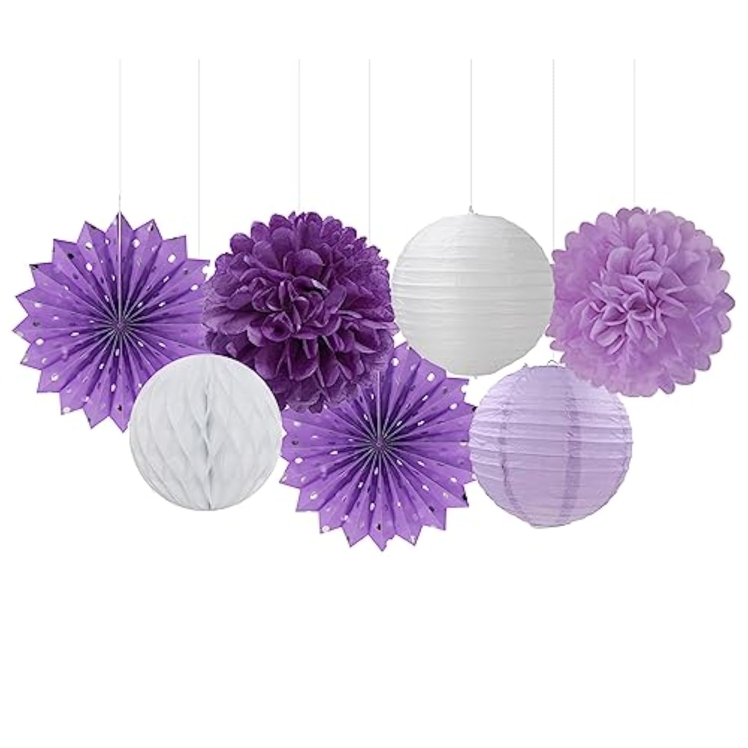 Purple & White Lavender Party Decor Set – 14pcs Streamers, Paper Lanterns, Fans, and Tissue Pom Poms for Birthdays, Bridal Showers