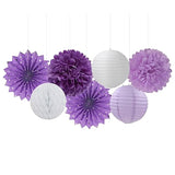 Purple & White Lavender Party Decor Set – 14pcs Streamers, Paper Lanterns, Fans, and Tissue Pom Poms for Birthdays, Bridal Showers
