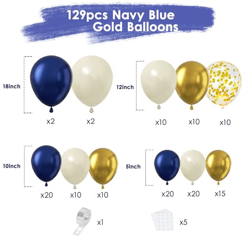 Navy Blue Gold White Balloon Arch Kit 129 Pcs Double Stuffed