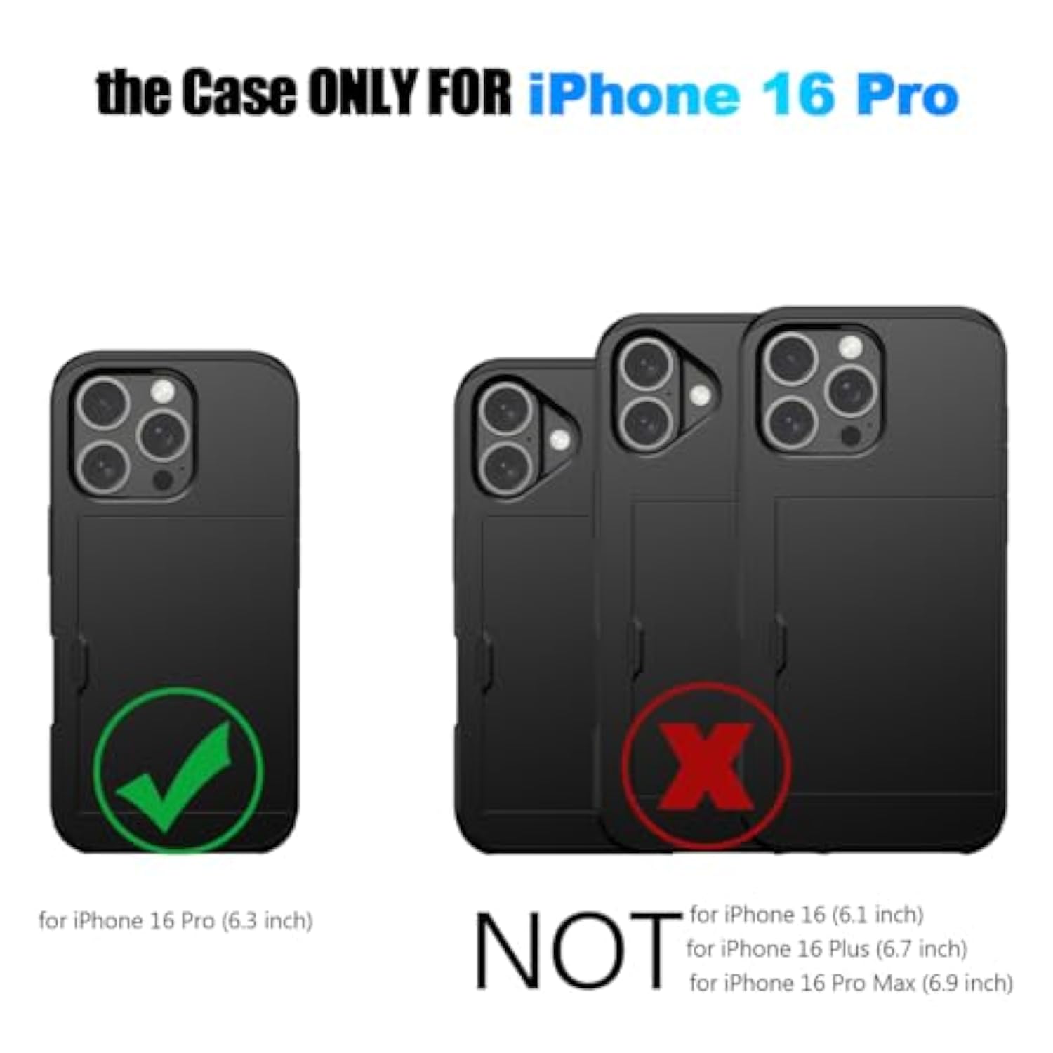 Compatible With 16 Pro Case With Card Holder Dual Layer Heavy Duty Protective Shockproof Hidden Card Slot Slim Wallet Phone Cover For 16 Pro For Women&Men 6.3 Inch(Black)